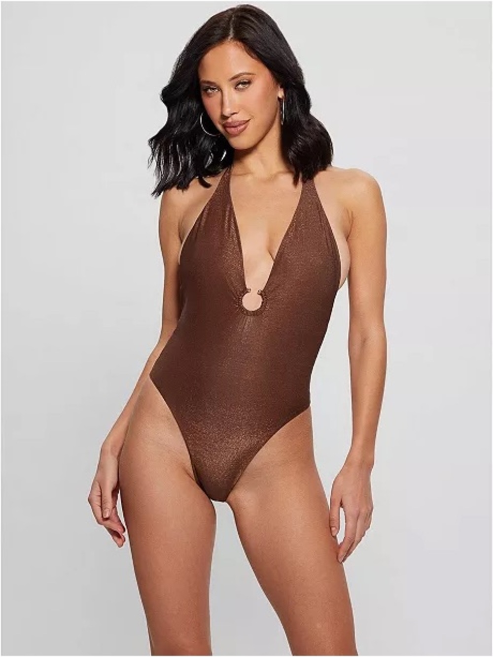 GUESS Women's Eco One-Piece Halter Swimsuit Metallic Copper Brown NEW Size Large